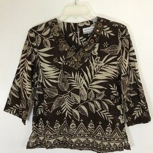Alfred Dunner Women's Petite Tunic Top Blouse Embellished Brown V-Neck Size 6P